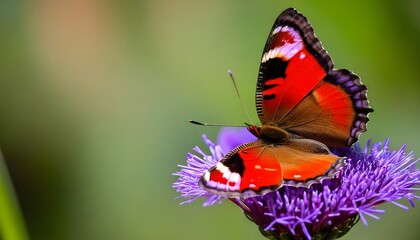 Brown and red butterfly perched on purple flower