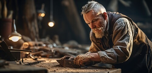 a man is down wood in his workshop - obrazy, fototapety, plakaty