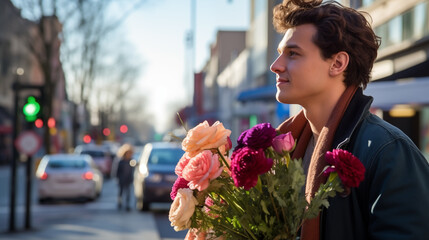 man waiting at a crosswalk with a bouquet of red, pink and purple flowers in his hands as a valentine's day gift and smiling, out of focus traffic in the background