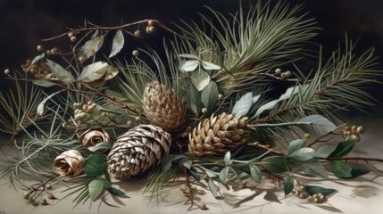  a close up of a pine cone on a branch of a tree with cones and leaves on a white surface. - obrazy, fototapety, plakaty