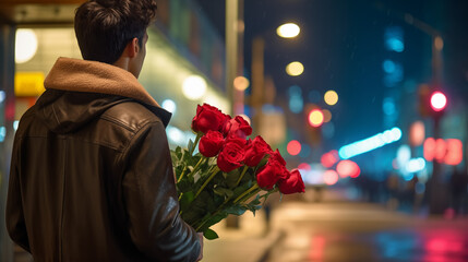 man waiting at a crosswalk during a cold evening with a bouquet of red flowers in his hands as a valentine's day gift