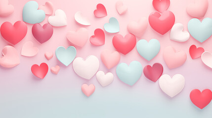 valentine's day themed pastel pink to pastel blue gradient background with 3d white, red and blue hearts and shapes