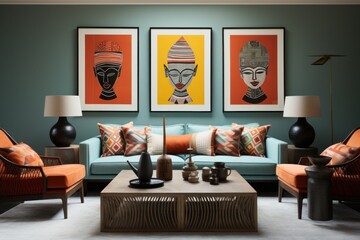 a living room is filled with colourful framed artwork and prints