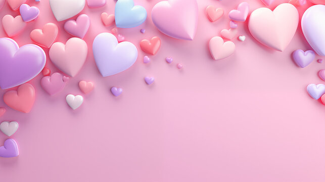 valentine's day themed pastel palette pink background with 3d red and pink hearts, shapes and a card on the top