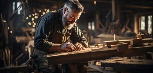 a man is working on a wooden chair at a wooden workshop - obrazy, fototapety, plakaty