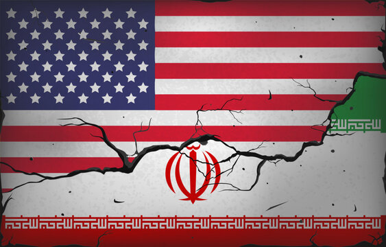 Flags of the USA and Iran against the background of a wall with cracks. Crisis and war. Political dialogue. Attack on Israel. Conflict with Palestine