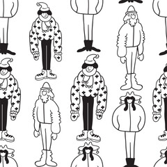 seamless pattern with character in winter clothes in doodle style in vector. People at winter.Template for background, wallpaper, wrapping, textile, fabric, print