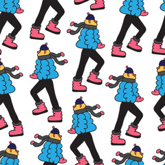 Fototapeta na wymiar seamless pattern with character in winter clothes in doodle style in vector. People at winter.Template for background, wallpaper, wrapping, textile, fabric, print