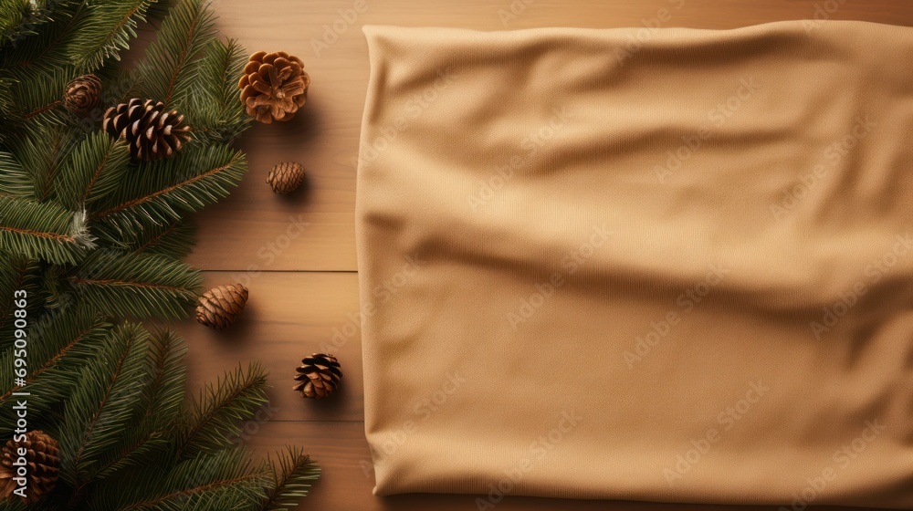 Aufkleber a close up of a sheet on a table with pine cones and a pine cone on the side of the sheet.