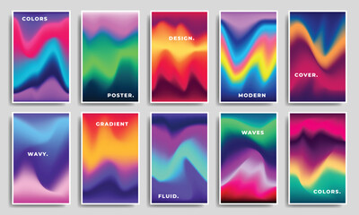 Colorful fluid and liquid gradient mesh background set. Multicolored blurred color gradation backdrop. Wavy and vibrant modern background for poster, banner, catalog, or leaflet. - obrazy, fototapety, plakaty
