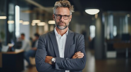 a man with the arms crossed in an office - obrazy, fototapety, plakaty