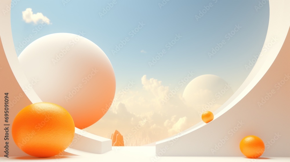 Poster a group of oranges sitting next to each other in a room with a sky and clouds in the background.