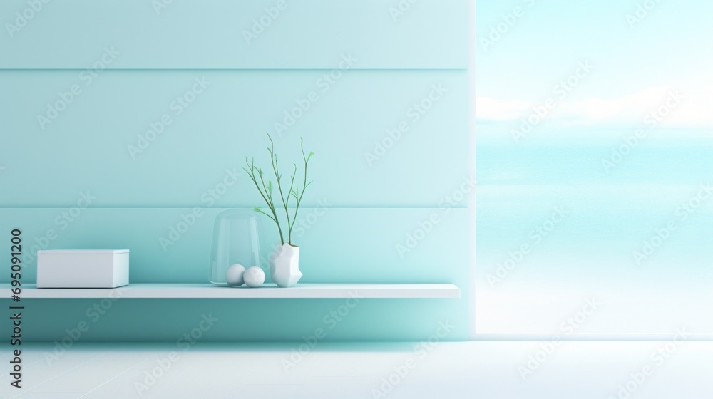 Poster a shelf with a vase and a vase with a plant in it and a box with a plant in it.