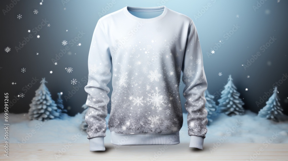 Poster  a white sweater with snowflakes on it is standing in front of a backdrop of snow - covered trees.
