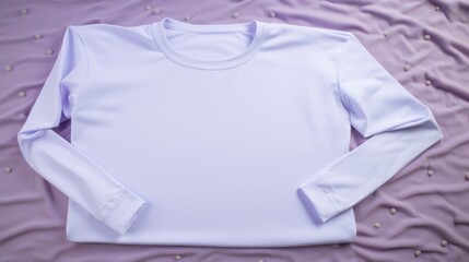  a white t - shirt laying on top of a bed with a purple bedspread and a pink comforter.