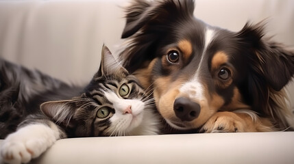 Snuggle Time: Adorable Cat and Dog Peek from Under a Blanket on Sofa - Capturing a Moment of Animal Friendship