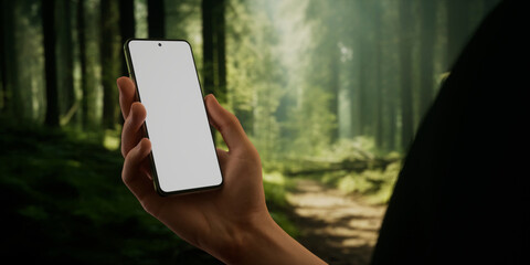 CU Man using his phone outdoors in the forest during hiking or camping trip