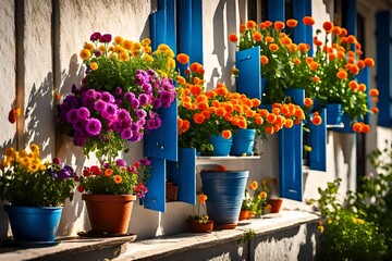 Fototapeta na wymiar colorful flowers in pots on the street Colorful flower pots hanging over a balcony railing.Colourful flower pots and blue buildings and walls in Chefchaouen, a Moroccan village situated in northwest 