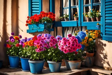 flowers in pots on the street Picturesque narrow street in Spanish city old town. Typical traditional whitewashed houses with blooming plants, flowers, cobbled street in a small cozy town in Spain
