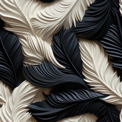 Seamless Pattern of a 3D Illustration of black and white Paper Quilling  peacock Feathers,paper filigree Feather Seamless Pattern.
