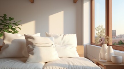 a white couch next to white pillows in the corner of a room