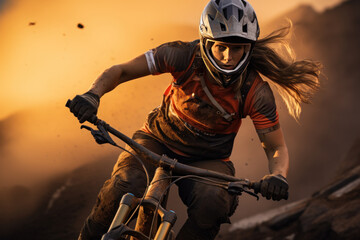 Fototapeta na wymiar a woman mountain bike racing in the sunset