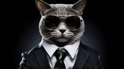 Stylist cat model wearing glasses and a tie suit. AI generated image - obrazy, fototapety, plakaty