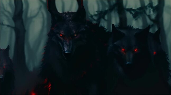 Dark black wolves in the forest with glowin red eyes animation