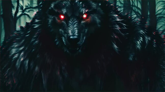 Dark wolves with glowing red eyes in a forest animation