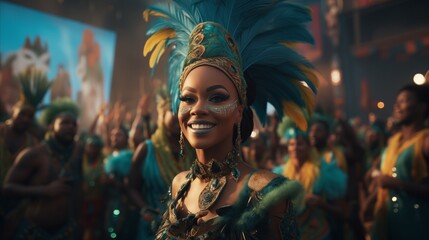 A woman in a vibrant festival costume, wearing a joyful smile. - obrazy, fototapety, plakaty