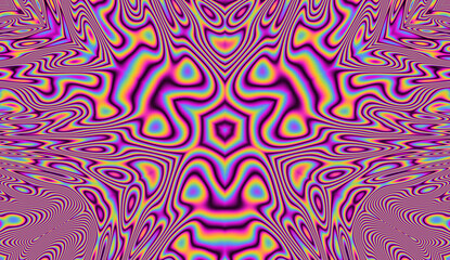 Holographic kaleidoscopic geometric hypnotic background in bright neon psychedelic acid rainbow colors