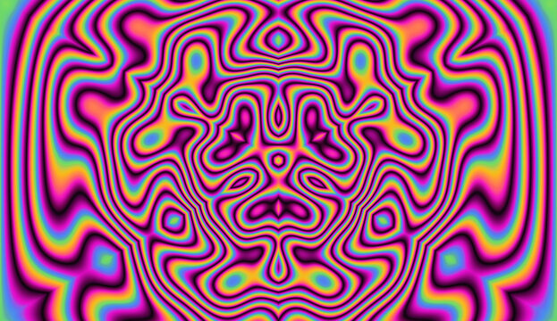 Holographic kaleidoscopic geometric hypnotic background in bright neon psychedelic acid rainbow colors