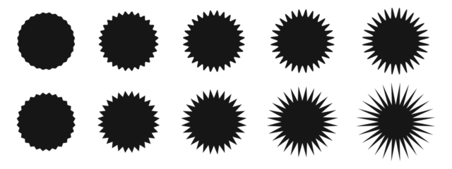 Fotobehang Set of circles with zigzag edges. Labels, stickers, badges, stamps round shapes. Star or sunburst icons isolated on white background. Vector graphic illustration. © vikusha_art