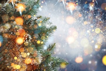 Obraz na płótnie Canvas Christmas background with green tree in snow