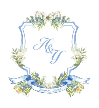 AY initial painted watercolor light blue crest, light green leaves with ribbon isolated on white background vector illustration.