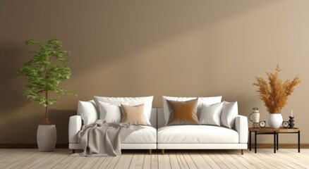 an empty living room with two couches and a white sofa