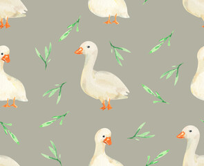 Watercolor fun seamless pattern. Watercolor farm illustration with gooses. Design for kids, nursery, bedding, blanket, home decor, pillows, pajamas, fabric, wrapping paper, textile