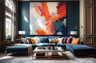 an apartment with a large painting on a wall
