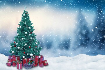 Fototapeta na wymiar Beautiful christmas tree with gift boxes in snow