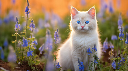 Naklejka na ściany i meble A white cat with blue eyes sitting in a field of flowers