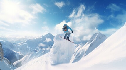 Naklejka na ściany i meble Man snowboarding. in action at snowy resort