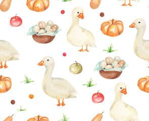 Watercolor fun illustration. Seamless pattern with gooses. Farm illustration. Design for packing, kids, wrapping, celebration, baby. decor, textile, bedding