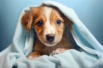 Cute dog covered with a towel after washing - obrazy, fototapety, plakaty