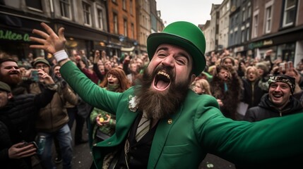 Happy man in green festive attire, celebrating St. Patrick's on the street. 