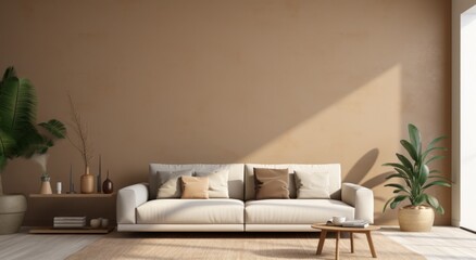 beige wall home interior living room with a beige sofa in front of large window