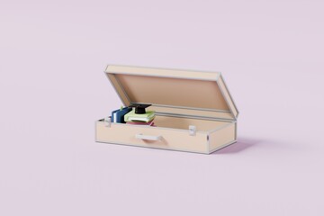 3D old suite case opening with book, graduate cap inside icon isolated on pink pastel background copy space. time to travel leisure touring holiday summer concept. banner. 3d render illustration