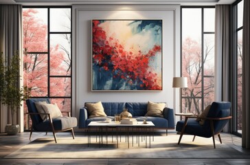 contemporary living room with large windows and a modern painting
