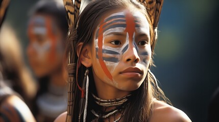 A young girl with painted face and feathers representing tribal culture. - obrazy, fototapety, plakaty