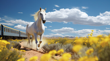 Obraz na płótnie Canvas A white horse running down a train track