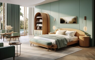 green master bedroom that looks like a contemporary hotel interior